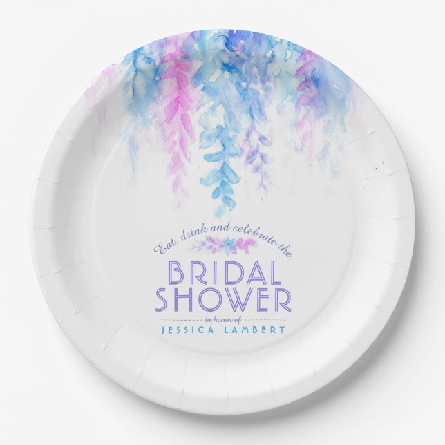 Assiettes En Carton Vigne d'aquarelle fleurie bleu violet douche nupti (Devant)