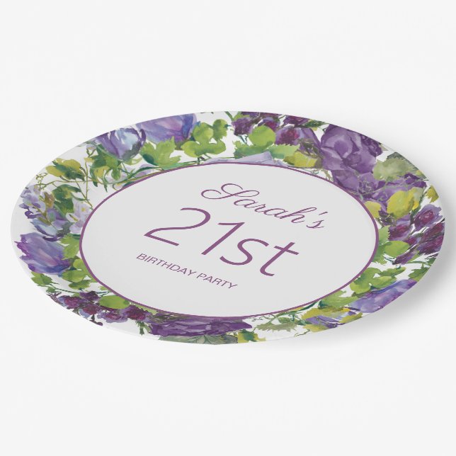 Assiettes En Carton Vignes Feuilles florales pourpres 21e anniversaire (Angle)