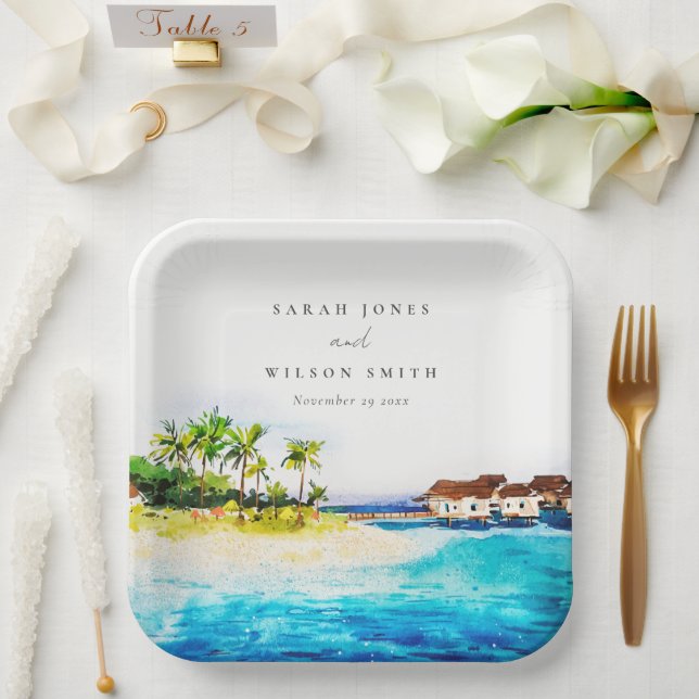 Assiettes En Carton Villa Tropical Overwater Seascape Beach Mariage (Mariage)