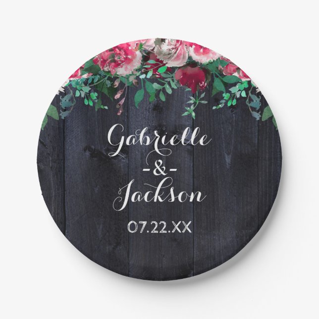 Assiettes En Carton Vin Blush & Marine Bois Bourgogne Mariage Monogram (Devant)