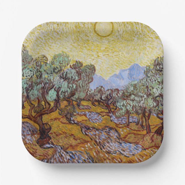 Assiettes En Carton Vincent van Gogh - Oliviers, Ciel Jaune et Soleil (Recto)