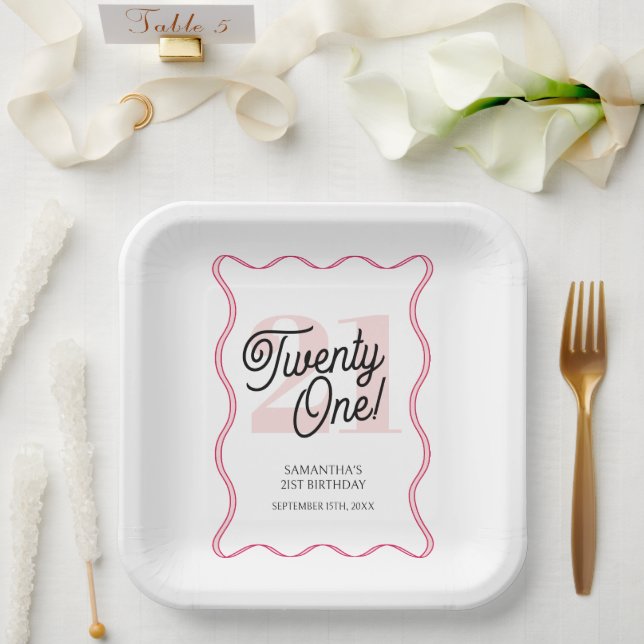 Assiettes En Carton Vingt et un Rétro Wavy Minimaliste 21e Anniversair (Mariage)