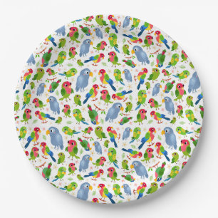 Assiettes En Carton Vintage Birds Motif, Colorful parakeet motif
