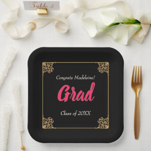 Assiettes En Carton Vintage Black Gold Baroque Frame Rose Graduation