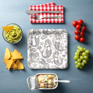 Assiettes En Carton Vintage Blue Mermaid & Sea Life Pattern
