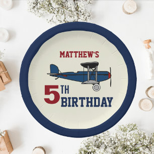 Assiettes En Carton Vintage Blue Retro Avion fête d'anniversaire