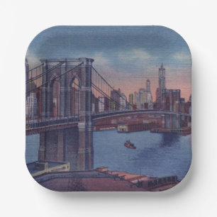Assiettes En Carton Vintage Brooklyn Bridge peinture artistique