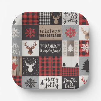 Assiettes En Carton Vintage Buffalo Plaid Deer Christmas Party 