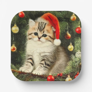 Assiettes En Carton Vintage Christmas Kitten