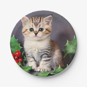 Assiettes En Carton Vintage Christmas Kitten et Holly