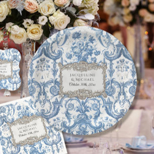 Assiettes En Carton Vintage Elegant Floral Bleu n Blanc Silver Bridal
