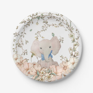 Assiettes En Carton Vintage Elephant Foliage Blanc Baby shower garçon