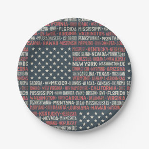 Assiettes En Carton Vintage Faded American Flag State Noms Mots Art