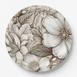 Assiettes En Carton Vintage Floral Sepia Motif (15)