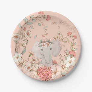 Assiettes En Carton Vintage florales d'éléphants Pêcher Baby shower fi