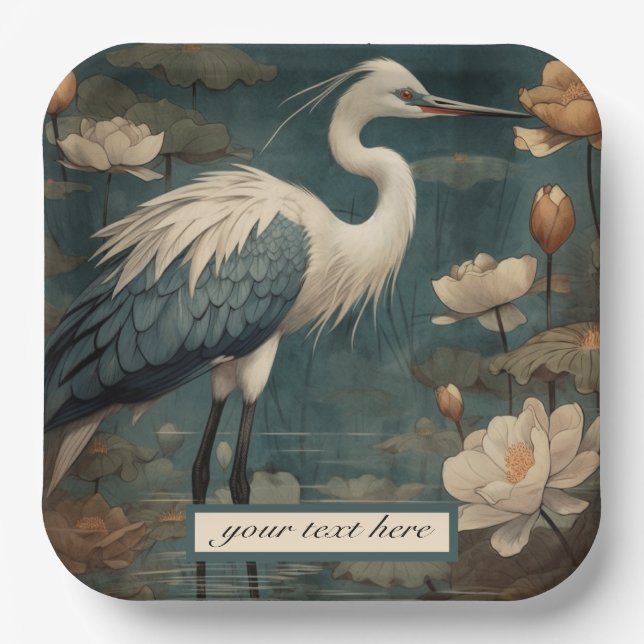 Assiettes En Carton Vintage grue bleu botanique personnalisable (Recto)