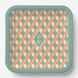 Assiettes En Carton Vintage Harlequine Diagonal dans Pastels Monogramm