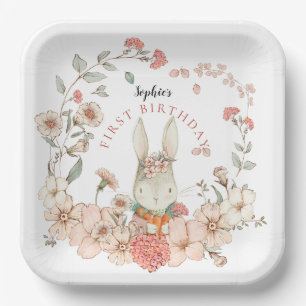 Assiettes En Carton Vintage lapin Florals Fille 1er anniversaire