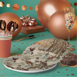 Assiettes En Carton Vintage Noël scène patinage sur glace