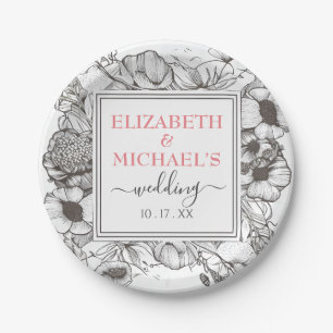 Assiettes En Carton Vintage noir blanc Floral Mariage Carré Cadre