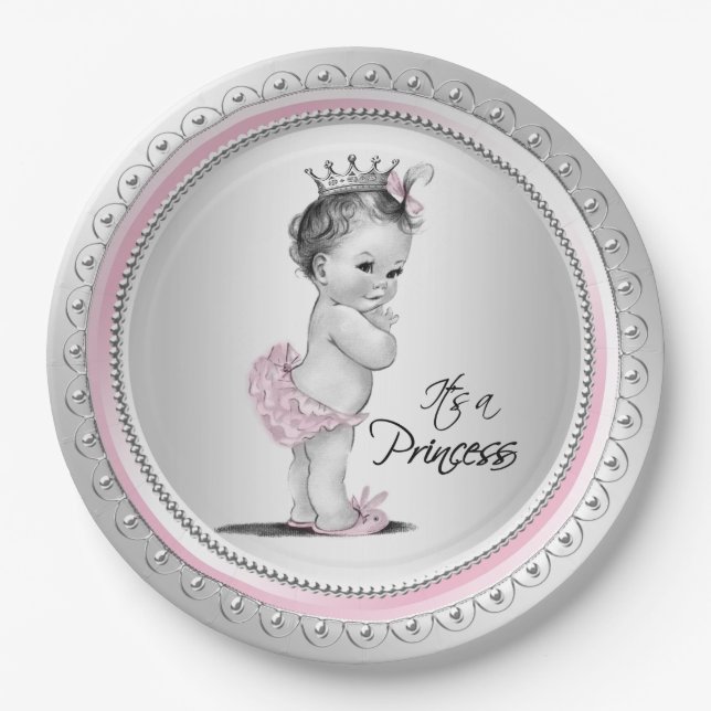 Assiettes En Carton Vintage Princesse Baby shower rose argent (Devant)