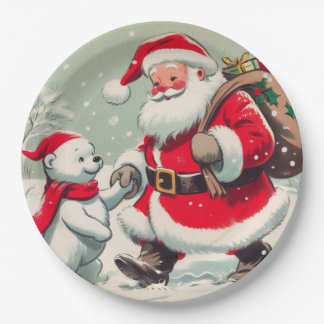 Assiettes En Carton Vintage Santa and Bear Christmas Paper Plates