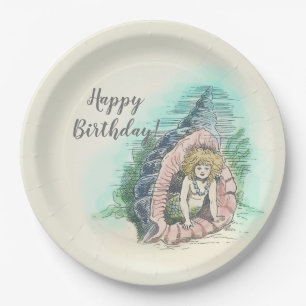 Assiettes En Carton Vintage Sirène sous la mer Bonne fête d'anniversai