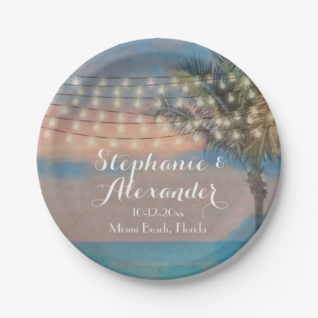 Assiettes En Carton Vintage String Lights Sunset Beach Wedding (Devant)