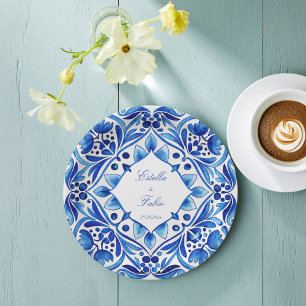 Assiettes En Carton Vintage Talavera Azulejo mariage en carreaux bleus