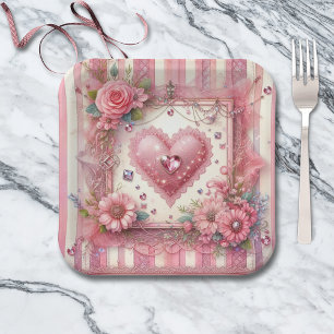 Assiettes En Carton Vintage Victorian Valentine Floral Heart