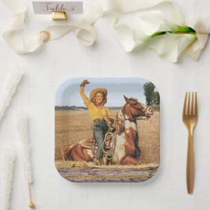 Assiettes En Carton Vintage Western Cowgirl sur cheval brandissant Car