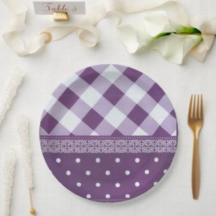 Assiettes En Carton Violet blanc À damiers Polka Dot Floral Damask Art