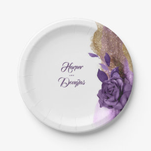 Assiettes En Carton Violet foncé et Parties scintillant or Floral Mode
