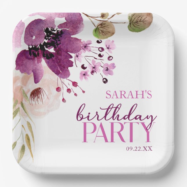 Assiettes En Carton Violet Magenta Purple Floral fête d'anniversaire (Recto)