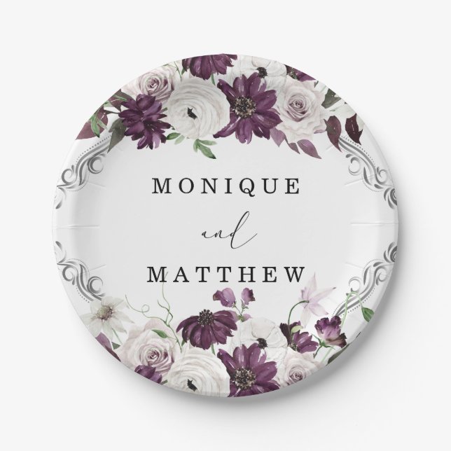 Assiettes En Carton Violet violet blanc Roses argenté Mariage géométri (Devant)