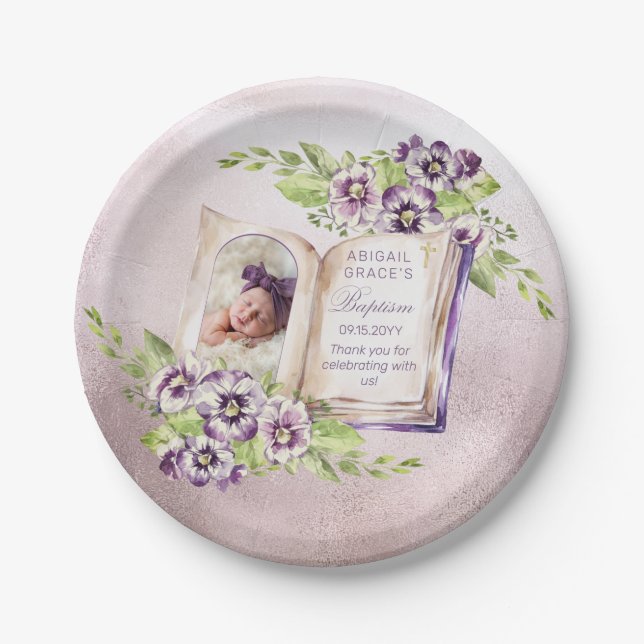 Assiettes En Carton Violets Violets Violets Archés Photo Baptême uniqu (Devant)
