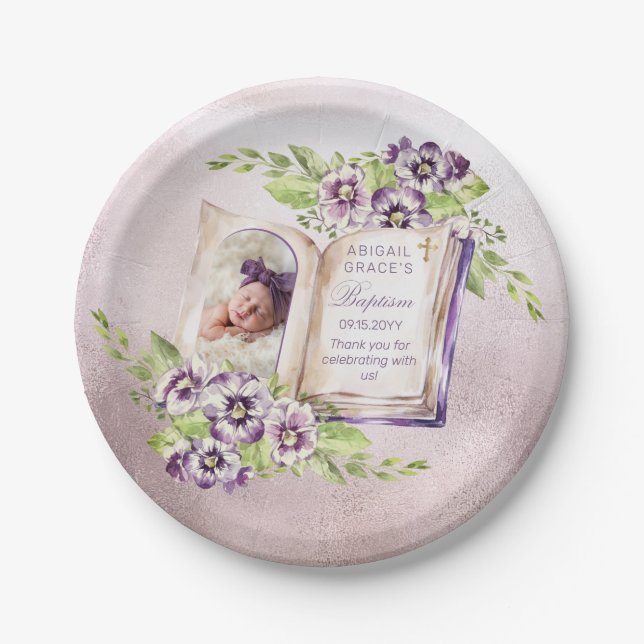 Assiettes En Carton Violets Violets Violets Archés Photo Baptême uniqu (Devant)
