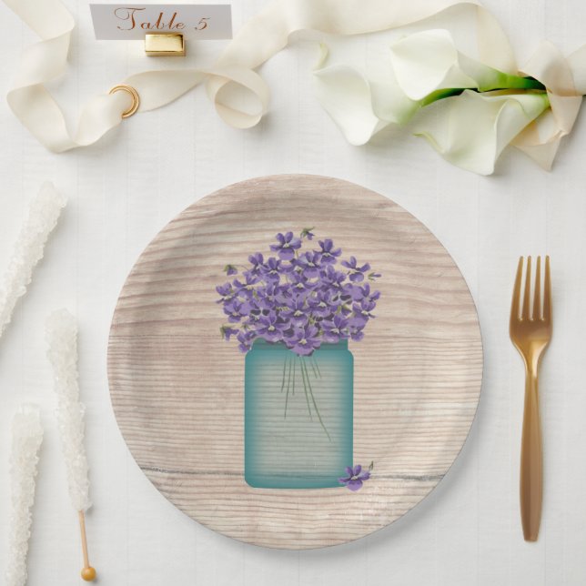 Assiettes En Carton Violettes dans un pot Mason bleu (Mariage)