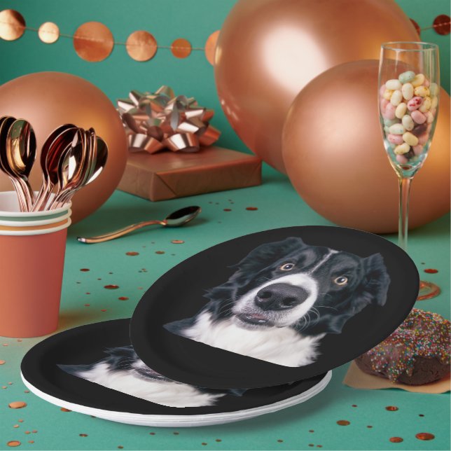 Assiettes En Carton Visage de chien noir et blanc (Multi)