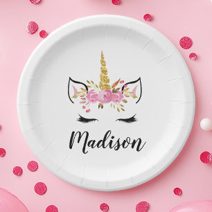 Assiettes En Carton Visage de Licorne avec Cils Personnalisé Nom