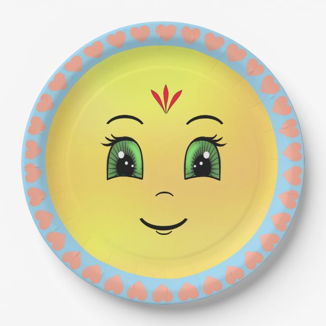 Assiettes En Carton Visage de soleil heureux moderne & coeurs (Devant)