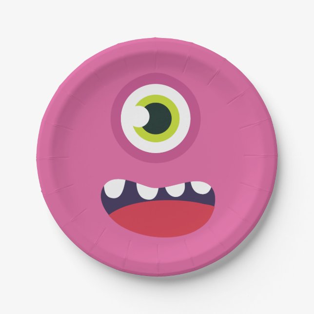 Assiettes En Carton Visage rose de monstre (Devant)