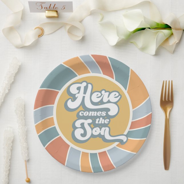 Assiettes En Carton Voici Le Son Super Retro Baby shower Soleil (Mariage)