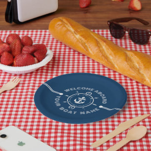 Assiettes En Carton Voigée bleu et blanc marine blanc et ancre de bate