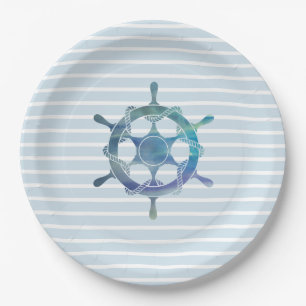 Assiettes En Carton Voilier Roue Océan Nautique Bleu Bleu Bande