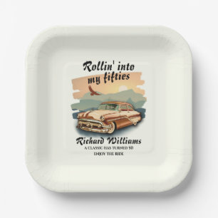 Assiettes En Carton Voiture classique d'homme désert coucher de soleil