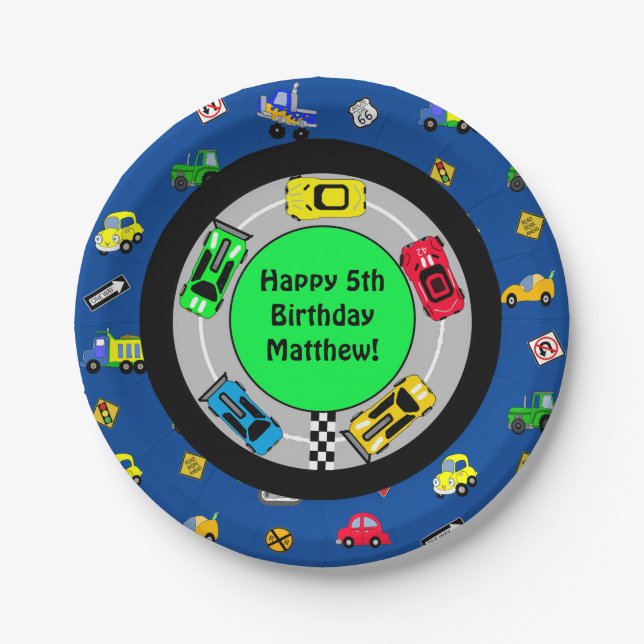 Assiettes En Carton Voiture de course et piste Thématique fête d'anniv (Devant)