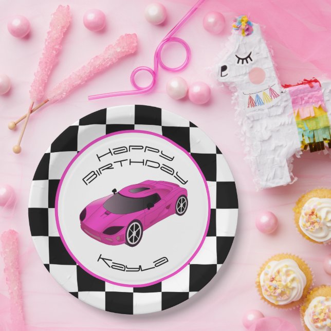 Assiettes En Carton Voiture de course rose | Fête d'anniversaire perso (Fête)