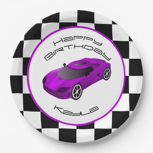 Assiettes En Carton Voiture de course violette | Fête d'anniversaire p (Devant)
