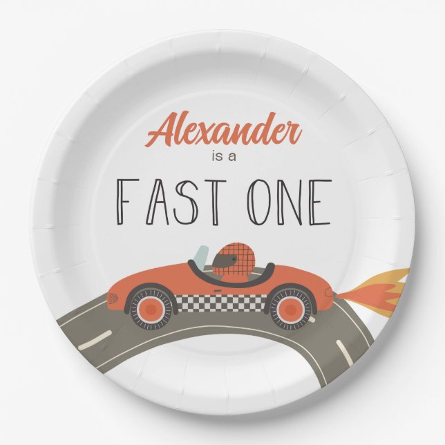 Assiettes En Carton Voiture Fast One rouge course Anniversaire (Devant)